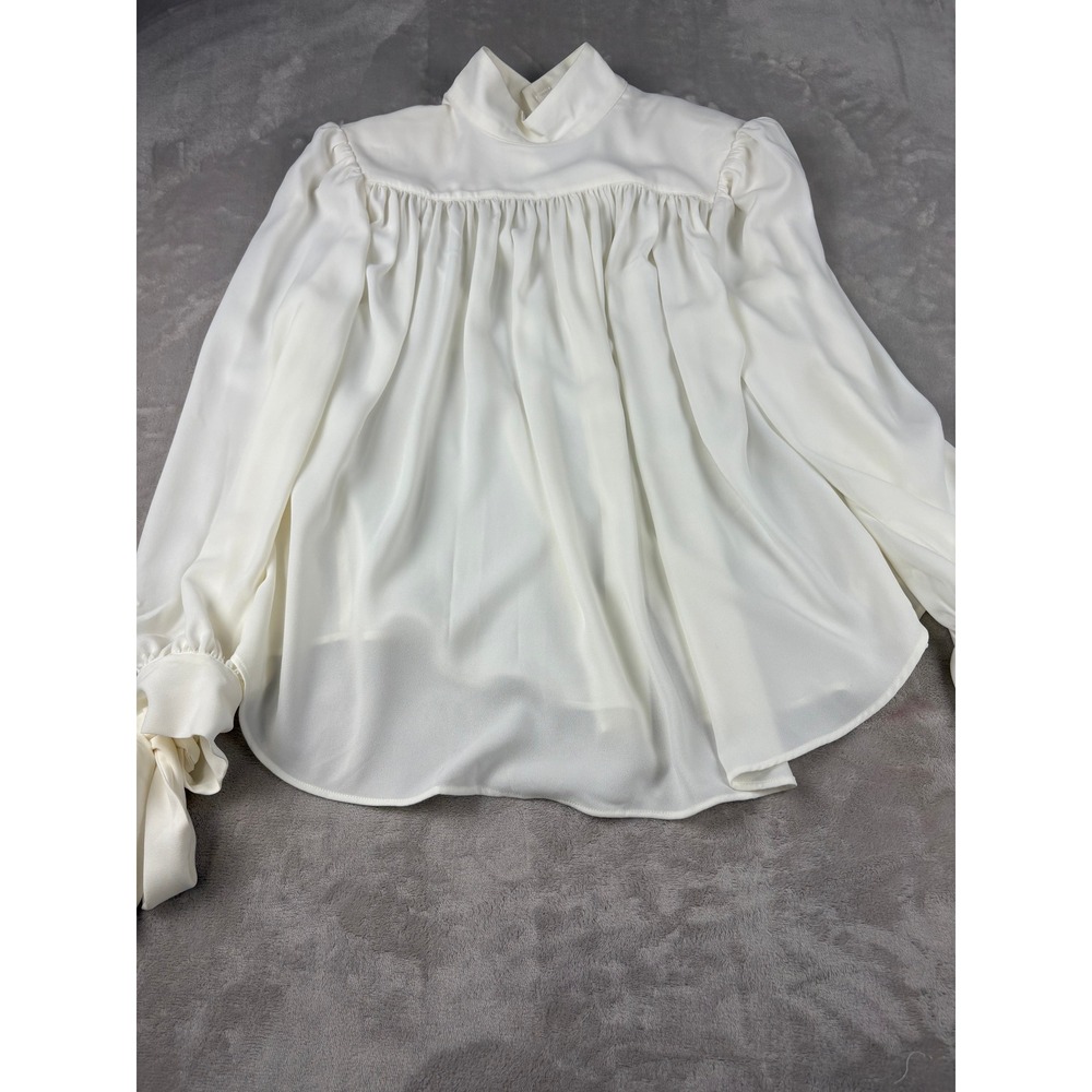 H&M Edition Cream White High Neck Puff Sleeve Tie Cuff Blouse Top Large NWT